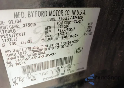 2004 Ford F-150 Fx4/Lariat/Xlt z USA, uszkodzony, nr VIN 1FTPW14514KC55937